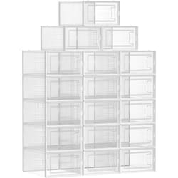 SONGMICS Boîtes à Chaussures, Lot de 18, Rangement Chaussures, Pliable, pour Pointure jusqu’à 44, Transparent et Blanc LSP18SWT