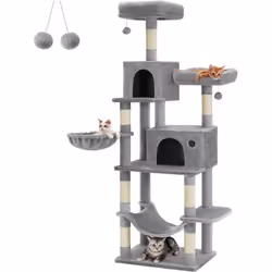 Arbre à Chat Hauteur 199 cm Grande Tour de Jeux Housses de Plate-forme Amovibles Multi-niveaux Gris Clair