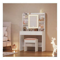 VASAGLE Coiffeuse avec Miroir LED 2 Tiroirs SANS TABOURET Étagères de Rangement Style Moderne Blanc