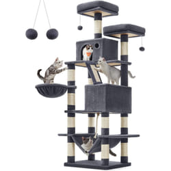 Songmics - Arbre à Chat, Hauteur 168 cm, avec 13 Griffoirs, 2 Plate-forme, 2 Niches, Panier, Hamac, Pompon, Tissu Peluche, Multi-niveaux pour Chat