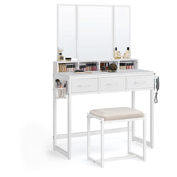 Songmics - Coiffeuse avec Tabouret, avec Miroir Triple, 3 Tiroirs, 90 x 40 x 141 cm, Porte-sèche-Cheveux, Pot, Style Moderne, Blanc