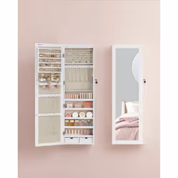 Armoire à Bijoux - SONGMICS - Blanc Boisé et Beige - Miroir et Compartiments Verrouillables