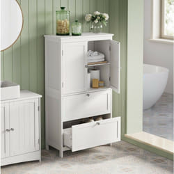 Vasagle - Armoire de Salle de Bain avec 2 Tiroirs et 2 Portes, 60 x 30 x 110 cm, Placard de Cuisine, Meuble de Rangement, Étagères Réglables, Blanc