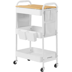 Chariot de Rangement à 3 Niveaux, Chariot Roulant avec Table Supérieure, 2 Pots Amovibles, 6 Poches Latérales, Chariot Multi-Usage pour Salon,