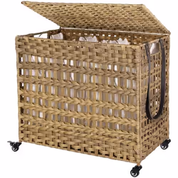 SONGMICS Panier à linge 66 x 35 x 605 cm Corbeille à linge imitation rotin 3 Compartiments de tri Marron
