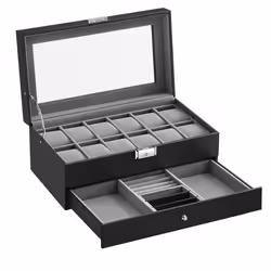SONGMICS Boîte à Montres Coffre 12 Montres avec 2 tiroir Couvercle en Verre Cadeau Noel Doublure en Gris
