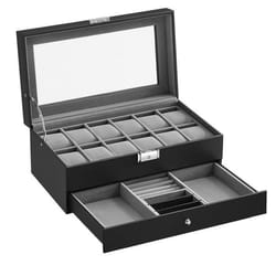 SONGMICS Boîte à Montres Coffre 12 Montres avec 2 tiroir Couvercle en Verre Cadeau Noel Doublure en Gris