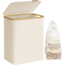 Songmics - Panier à Linge avec Couvercle à 2 Compartiments, 130L, Sac Amovible, Tissu Oxford, Poignées en Bambou, Pliable, 52 x 38,5 x 70,5 cm, Blanc