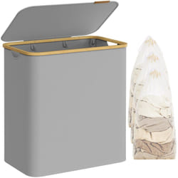 Songmics - Panier à Linge avec Couvercle à 3 Compartiments, 150L, Sac Amovible, Tissu Oxford, Poignées en Bambou, Pliable, 60 x 38,5 x 70,5 cm, Gris