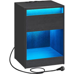 Table de Chevet avec Tiroir, Multiprise, Lumières led Réglables, 2 Prises Électriques, 2 Ports usb, Moderne, Noir Cendré