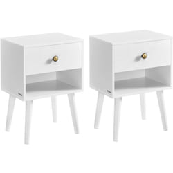 Tables de Chevet, Lot de 2, avec Tiroir et Compartiment Ouvert, Pieds en Bois, Blanc Neige