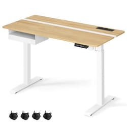 Bureau Électrique Réglable en Hauteur Multiprise Tiroir 60 x 120 cm Réglable en Continu Couleur Chêne Naturel et Blanc Nuage