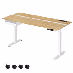 Bureau Électrique Réglable en Hauteur Multiprise Tiroir 70 x 160 cm Réglable en Continu Couleur Chêne Naturel et Blanc Nuage