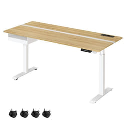 Bureau Électrique Réglable en Hauteur Multiprise Tiroir 70 x 160 cm Réglable en Continu Couleur Chêne Naturel et Blanc Nuage
