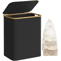 Songmics - Panier à Linge avec Couvercle à 2 Compartiments, 130L, Sac Amovible, Tissu Oxford, Poignées en Bambou, Pliable, 52 x 38,5 x 70,5 cm, Noir