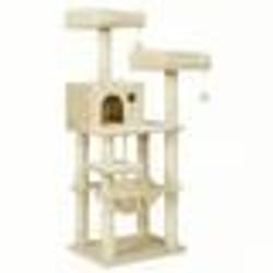 Arbre à Chat Hauteur 143 cm avec 11 Poteaux à Griffer 2 Plateformes 1 Niche 1 Hamac 2 Pompons en Tissu Peluche Beige