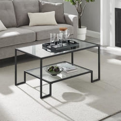 Table Basse 2 Niveaux en Verre Trempé Cadre en Acier 50 x 100 x 45 cm Rectangulaire Noir Classique
