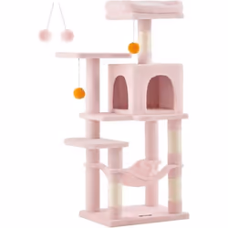 Arbre à Chat Hauteur 112 cm avec 4 Poteaux à Griffer 2 Plateformes 1 Niche 1 Hamac 2 Pompons Rose Bonbon