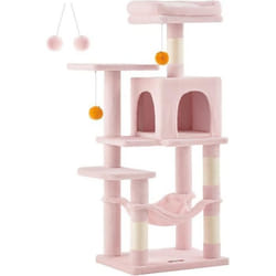 Arbre à Chat Hauteur 112 cm avec 4 Poteaux à Griffer 2 Plateformes 1 Niche 1 Hamac 2 Pompons Rose Bonbon