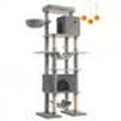Arbre à Chat 201 cm Taille XXL Multi-Niveaux 1 Plateforme 1 Panier 2 Niches 2 Hamacs Dispositif Anti-Basculement Gris Clair