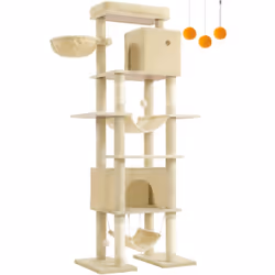 【AIRE DE JEU TOUT EN UN】 Structure à plusieurs niveaux pour l’escalade ; 4 poteaux en sisal pour faire les griffes ; 2 pompon ...