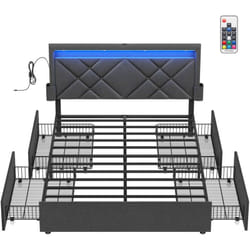Vasagle - Lit Double, Cadre de Lit, Lit Coffre 140 x 190 cm, avec led, Lit en Métal, 4 Tiroirs, Multiprise, Tête de Lit Rembourrée Ajustable, Pas