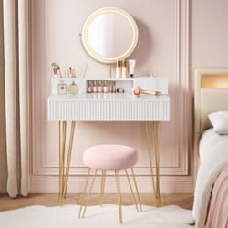 VASAGLE Coiffeuse avec Miroir Pivotant et Taboutret, Miroir Coiffeuse, avec Éclairage et Multiprise, Tabouret Rembourré, pour Chambre, Coiffeuse, 40