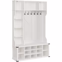 【CONCEPTION 4-EN-1】 Ce grand porte-manteau multifonctionnel combine 6 crochets triples, des étagères de rangement, 1 banc à c ...