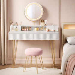 VASAGLE Coiffeuse avec Miroir Pivotant et Taboutret, Miroir Coiffeuse, avec Éclairage et Multiprise, Tabouret Rembourré, pour Chambre, Coiffeuse, 40