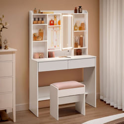 Vasagle - Coiffeuse avec Éclairage led, Tabouret de Maquillage, Coiffeuse avec Miroir pour le Maquillage, Tabouret Rembourré, Stable, Moderne, Blanc