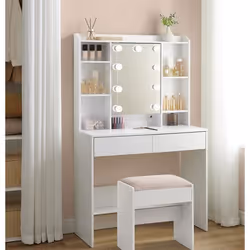 Coiffeuse avec Éclairage LED de 9 Ampoules Tabouret Rembourré 3 Couleurs avec Luminosité Réglable Blanc et Blanc Mat-Rose Bon ...
