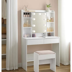 Coiffeuse avec Éclairage LED de 9 Ampoules Tabouret Rembourré 3 Couleurs avec Luminosité Réglable Blanc et Blanc Mat-Rose Bonbon