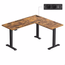 Bureau Électrique Réglable en Hauteur Forme en L 140 x 160 cm avec Multiprise Fonction Mémoire 2 Hauteurs Marron et Noir