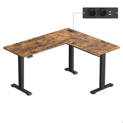 Bureau Électrique Réglable en Hauteur Forme en L 140 x 160 cm avec Multiprise Fonction Mémoire 2 Hauteurs Marron et Noir