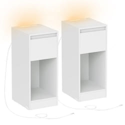 Lot de 2 Table de Chevet Étroite avec Éclairage LED 1 Port USB-A 1 Port USB-C Tiroirs et Compartiments Ouverts Blanc Nuage