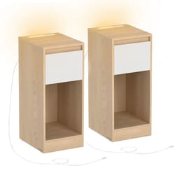 Lot de 2 Table de Chevet Étroite avec Éclairage LED 1 Port USB-A 1 Port USB-C Jaune Amande et Blanc Nuage