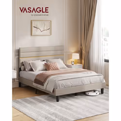 Structure de lit Convient pour un Matelas de 140 x 190 cm Tête de Lit Rembourrée Ajustable en Métal Bois Massif Beige
