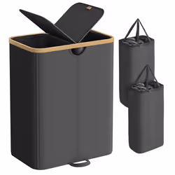 Panier à Linge à 2 Compartiments 150 Litres avec Couvercle Sacs Amovibles pour Buanderie Chambre Salon Noir et Beige Naturel