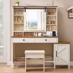 Coiffeuse LIRY - Miroir Éclairé - Tabouret - Multiprise - Blanc Rustique/Marron Miel - VASAGLE