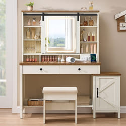 Coiffeuse LIRY - Miroir Éclairé - Tabouret - Multiprise - Blanc Rustique/Marron Miel - VASAGLE