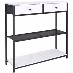 Table Console avec 2 Tiroirs en Tissu 24 x 76 x 80 cm pour Entrée Salon Blanc Marbré et Noir dEncre