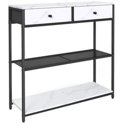 Table Console avec 2 Tiroirs en Tissu 24 x 76 x 80 cm pour Entrée Salon Blanc Marbré et Noir dEncre