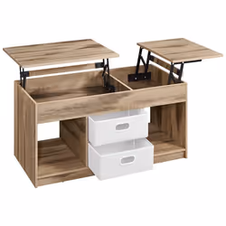 Table Basse Relevable - VASAGLE - 2 Tiroirs - Compartiments Cachés - Marron Camel/Blanc Nuage
