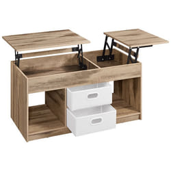 Table Basse Relevable - VASAGLE - 2 Tiroirs - Compartiments Cachés - Marron Camel/Blanc Nuage