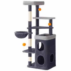 Arbre à Chat - Feandrea - 152 cm - Gris Foncé - 2 Niches - Hamac - 3 Poteaux à Griffer