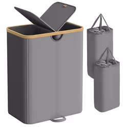 Panier à Linge à 2 Compartiments 150 Litres avec Couvercle Sacs Amovibles Gris Ardoise et Beige Naturel