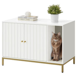 Meuble Litière Chat - Feandrea - Blanc/Doré - Tapis Grattage - Pieds Hauts - 90x48x615 cm