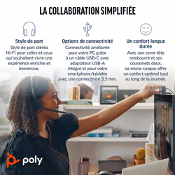 POLY Micro-casque Blackwire 3325 stéréo USB-C certifié Microsoft Teams + connexion 3,5 mm + adaptateur USB-C/A