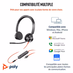 POLY Micro-casque Blackwire 3325 stéréo USB-C certifié Microsoft Teams + connexion 3,5 mm + adaptateur USB-C/A