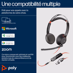 POLY Micro-casque Blackwire 5220 stéréo USB-C + connexion 3,5 mm + adaptateur USB-C/A
